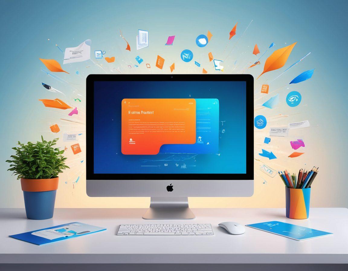 An elegant workspace scene featuring a sleek modern computer displaying a PDF document transforming into a JPG image, with vibrant arrows symbolizing the conversion process. Include various document icons floating around, highlighting the ease of conversion. A soft gradient background that suggests digital efficiency and creativity. super-realistic. vibrant colors. clean design.