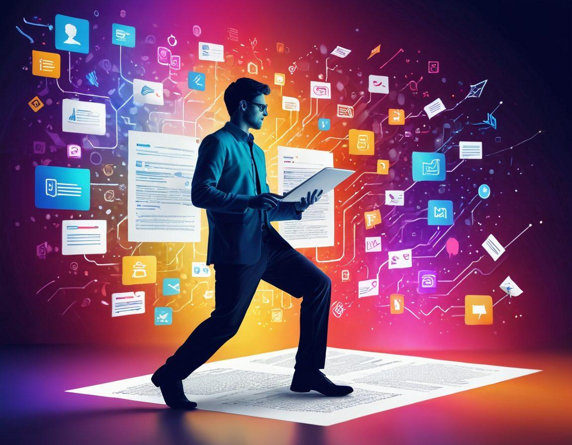 A captivating visual of a person transforming digital documents into striking images, surrounded by various colorful icons representing different file formats. The background features a gradient of technology and creativity, like a blend of pixels, paper, and digital screens. Include steps illustrated in a flowchart style, guiding viewers through the conversion process. Inspire a sense of innovation and artistic flair. vibrant colors. graphic design. 3D.